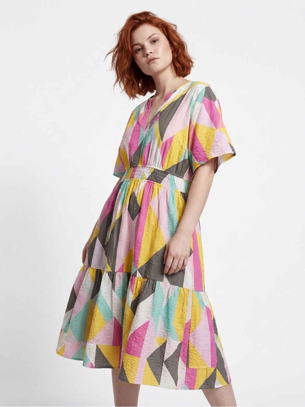torrid Geometric Tiered Midi Dress in Pink, Yellow & Mint